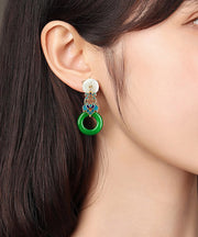 Modern Green Copper Cloisonne Jadeite Dry Green Floral Drop Earrings