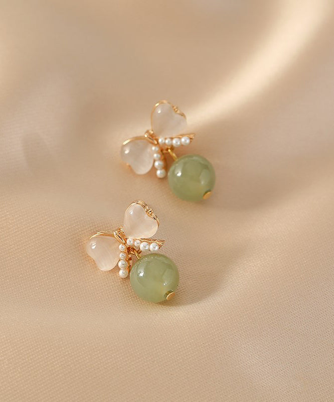 Modern Green Copper Jade Pearl Butterfly Drop Earrings