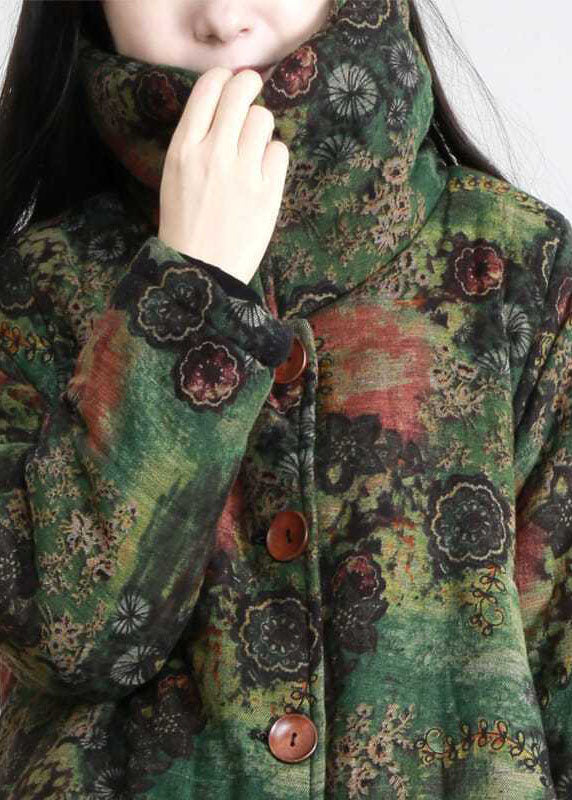 Modern Green High Neck Print Lengthen Fine Cotton Filled Coats Winter