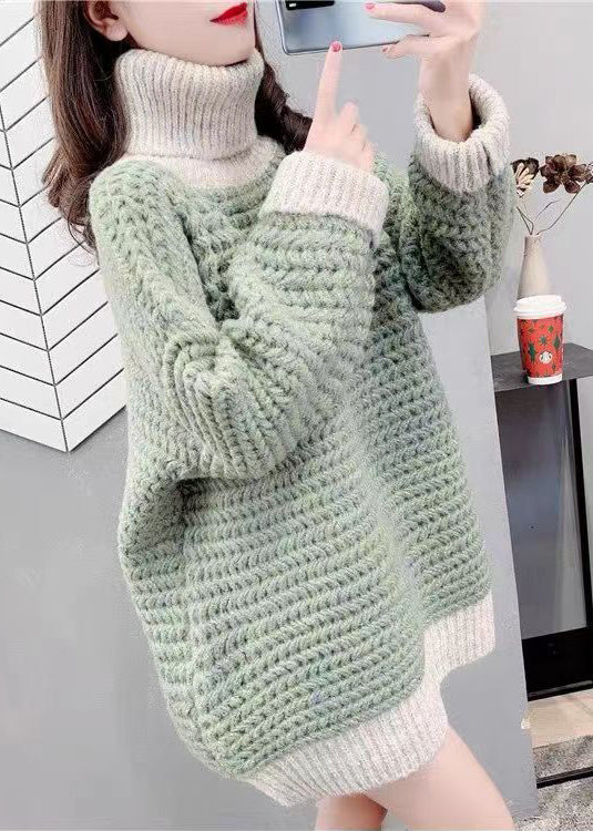 Modern Green Hign Neck Thick Patchwork Knit Sweaters Spring