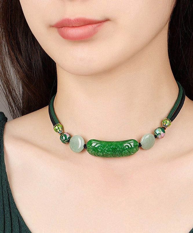 Modern Green Jade Cloisonne Dry Green Necklace