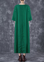 Modern Green O-Neck Chinese Button Linen A Line Dress Summer