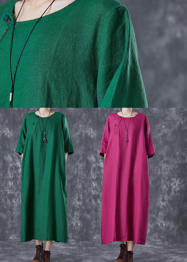 Modern Green O-Neck Chinese Button Linen A Line Dress Summer