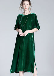 Modern Green O Neck Patchwork Side Open Silk Velour Dresses Summer