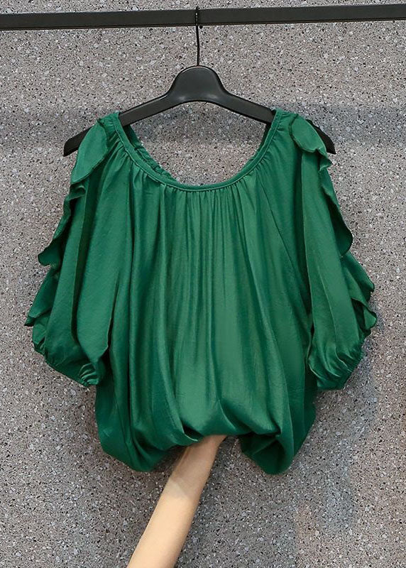 Modern Green O Neck Ruffled Patchwork Chiffon Top Summer