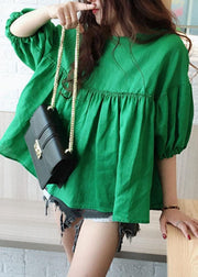 Modern Green O Neck Wrinkled Patchwork Cotton Tops Summer