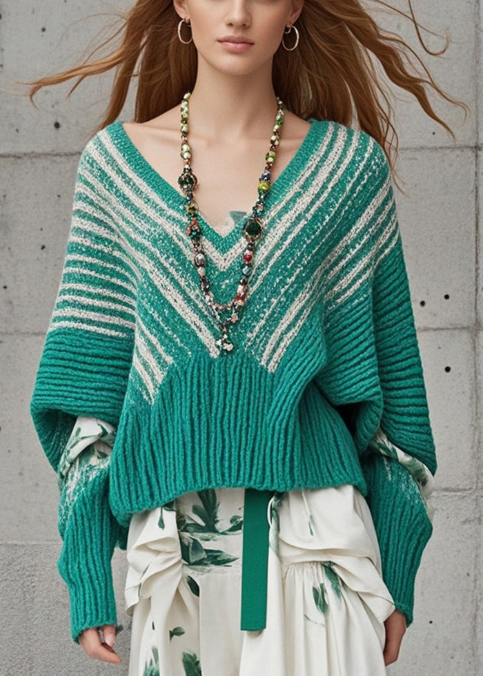 Modern Green Oversized Knit Sweater Tops Batwing Sleeve