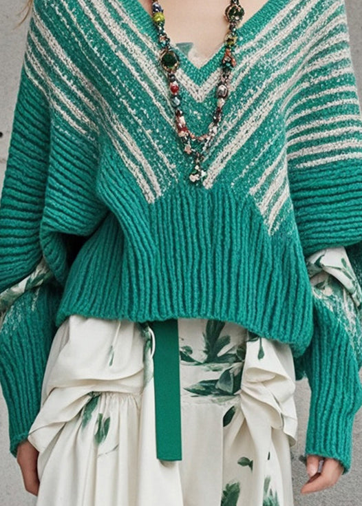 Modern Green Oversized Knit Sweater Tops Batwing Sleeve