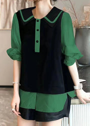 Modern Green Peter Pan Collar Patchwork Cotton Shirt Top Fall