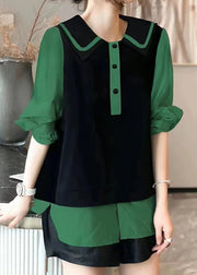 Modern Green Peter Pan Collar Patchwork Cotton Shirt Top Fall