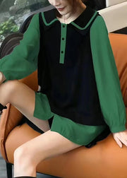 Modern Green Peter Pan Collar Patchwork Cotton Shirt Top Fall