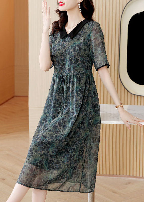 Modern Green Peter Pan Collar Print Drawstring Patchwork Silk Dresses Summer