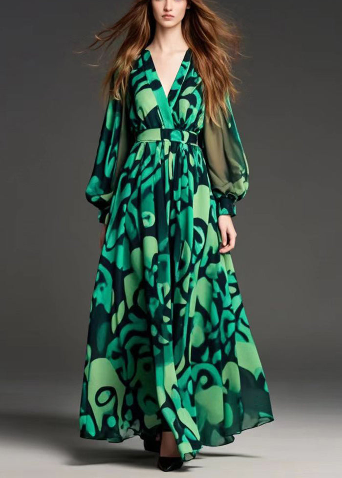 Modern Green Print Chiffon Party Dress Cinched Fall