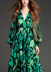 Modern Green Print Chiffon Party Dress Cinched Spring