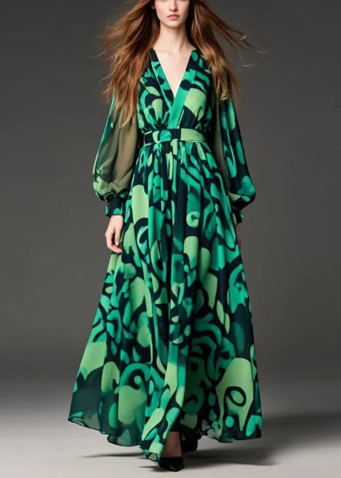 Modern Green Print Chiffon Party Dress Cinched Spring