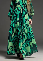 Modern Green Print Chiffon Party Dress Cinched Fall