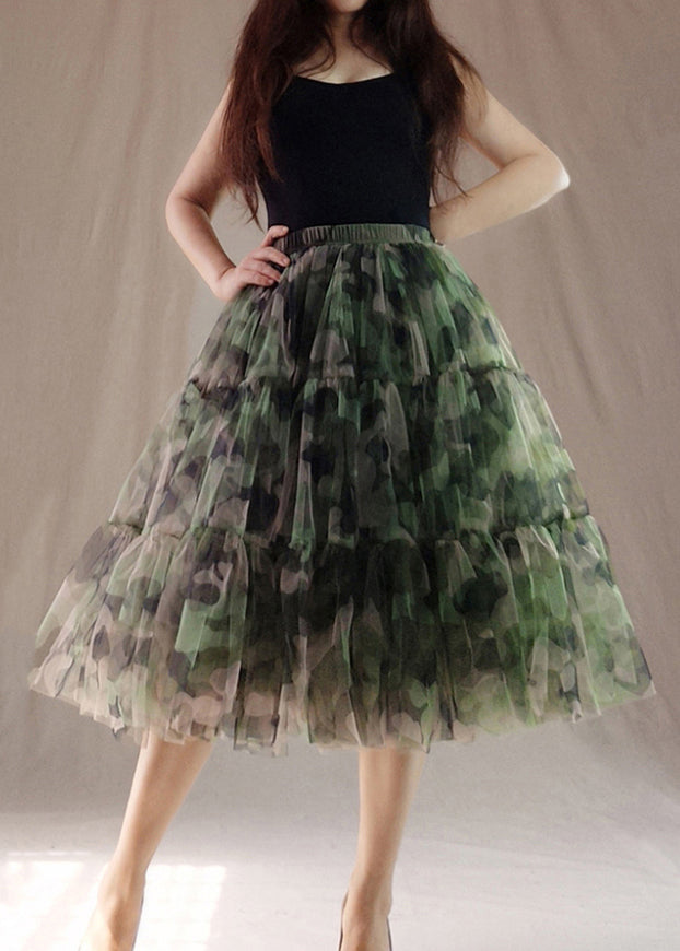 Modern Green Print Patchwork Tulle Skirts Summer