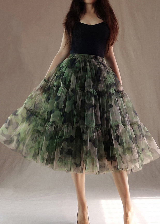 Modern Green Print Patchwork Tulle Skirts Summer