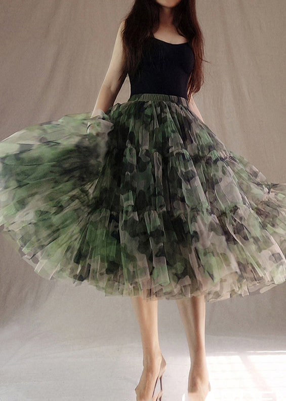 Modern Green Print Patchwork Tulle Skirts Summer