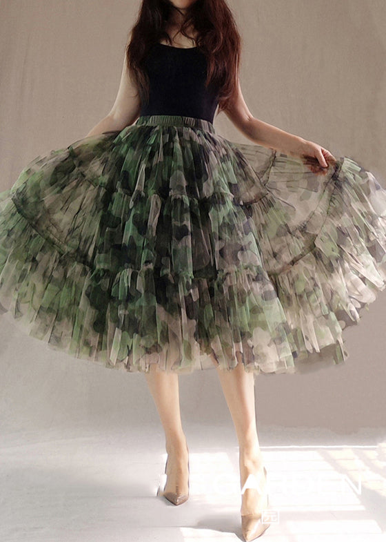 Modern Green Print Patchwork Tulle Skirts Summer