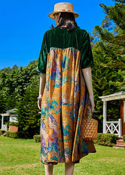 Modern Green Print Wrinkled Silk Velour Patchwork Long Dress Summer