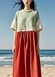 Modern Green Ruffled Patchwork Cotton Ankle Dress Summer