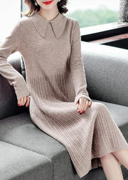 Modern Green Solid Color Peter Pan Collar Wrinkled Knit Sweater Dress Long Sleeve