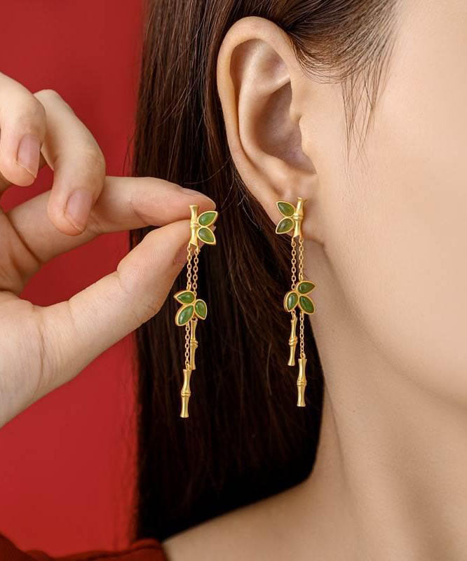 Modern Green Sterling Silver Overgild Bamboo Drop Earrings