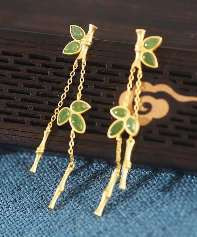 Modern Green Sterling Silver Overgild Bamboo Drop Earrings