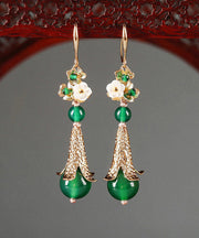 Modern Green Sterling Silver Pearl Shell Flower Agate Drip Drop Earrings