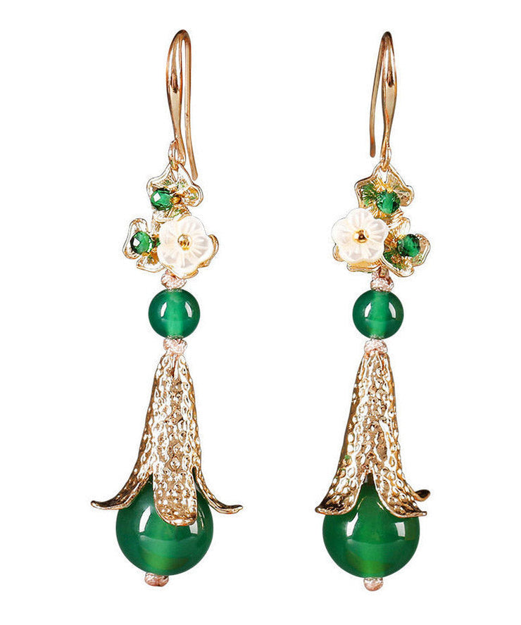 Modern Green Sterling Silver Pearl Shell Flower Agate Drip Drop Earrings