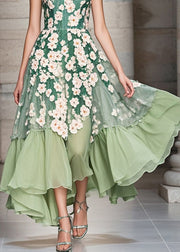 Modern Green Three-dimensional Chrysanthemum Exra Large Hem Chiffon Party Dress Summer