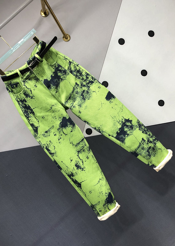 Modern Green Tie Dye Pockets Patchwork Denim Pants Fall