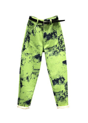 Modern Green Tie Dye Pockets Patchwork Denim Pants Fall