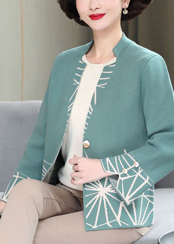 Modern Green V Neck Button Knit Cardigan Long Sleeve