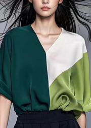 Modern Green V Neck Chiffon Shirt Short Sleeve