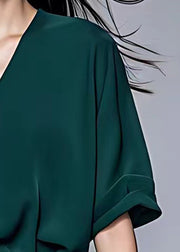 Modern Green V Neck Chiffon Shirt Short Sleeve