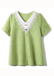 Modern Green V Neck Lace Patchwork Chiffon Tops Summer