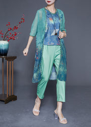 Modern Green V Neck Lace Patchwork Print Silk Three Pieces Set Summer