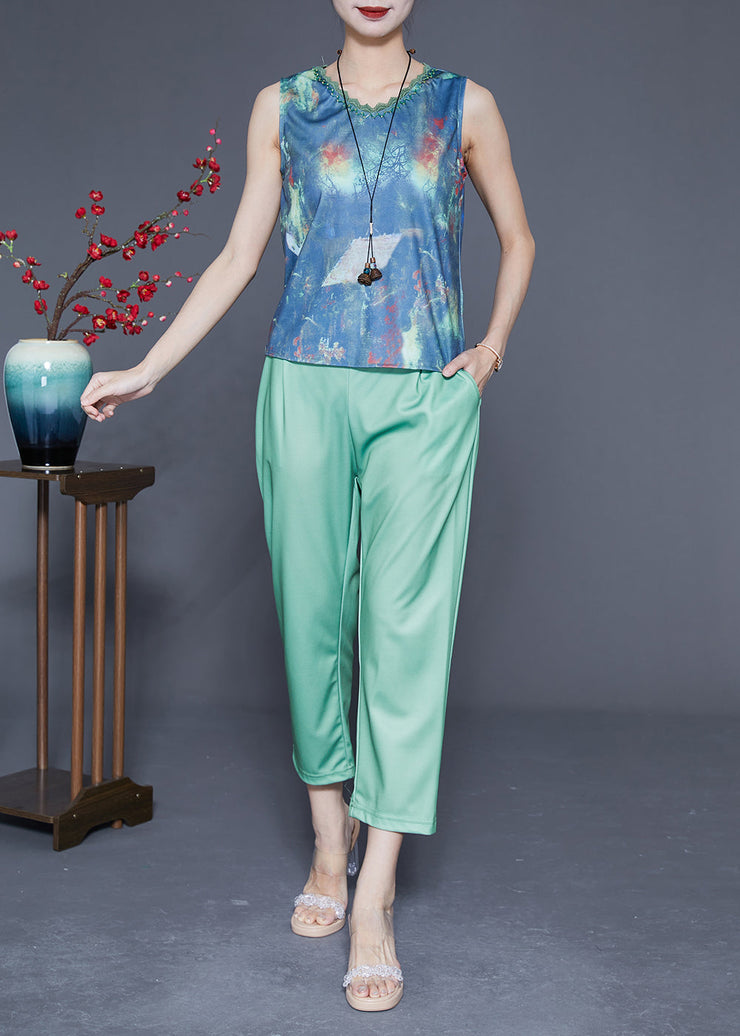 Modern Green V Neck Lace Patchwork Print Silk Three Pieces Set Summer