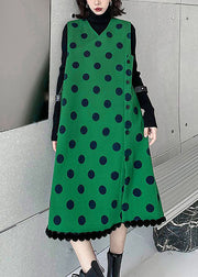 Modern Green V Neck Patchwork Dot Print Woolen Long Vest Sleeveless