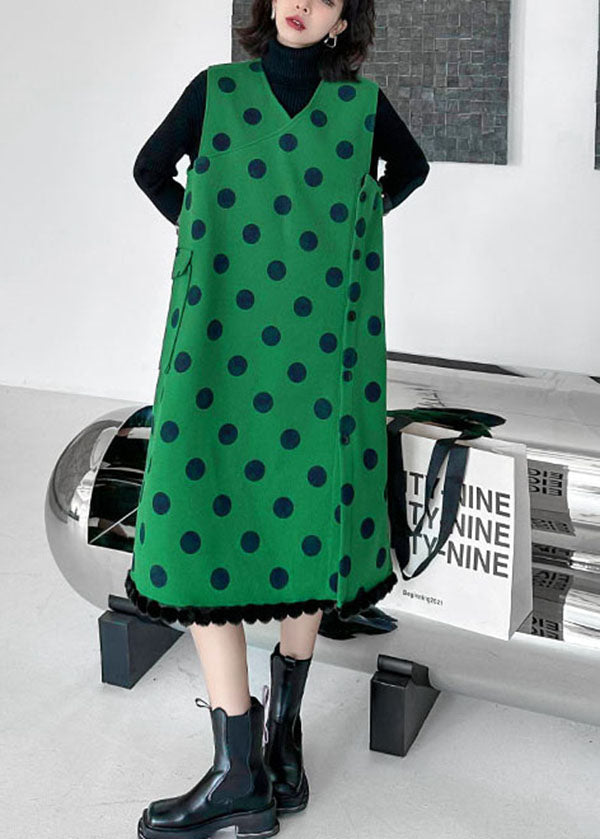 Modern Green V Neck Patchwork Dot Print Woolen Long Vest Sleeveless