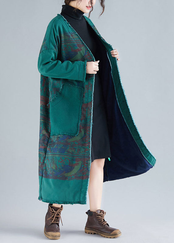 Modern Green V Neck Patchwork Warm Fleece Loose Cardigans Winter