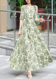 Modern Green V Neck Print Patchwork Tie Waist Chiffon Long Dress Summer