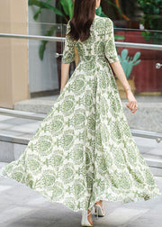 Modern Green V Neck Print Patchwork Tie Waist Chiffon Long Dress Summer