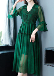 Modern Green V Neck Ruffled Patchwork Silk Dress Summer