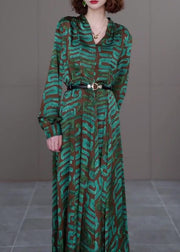 Modern Green V Neck Striped Print Sashes Satin Long Dress Long Sleeve