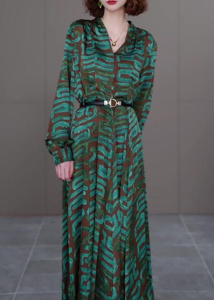 Modern Green V Neck Striped Print Sashes Satin Long Dress Long Sleeve