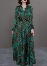 Modern Green V Neck Striped Print Sashes Satin Long Dress Long Sleeve