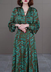 Modern Green V Neck Striped Print Sashes Satin Long Dress Long Sleeve